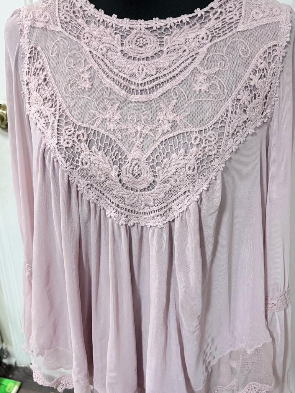 Ultra Pink Lace Yoke Sheer Flutter Blouse - Soft Pink - Picture 7 of 11